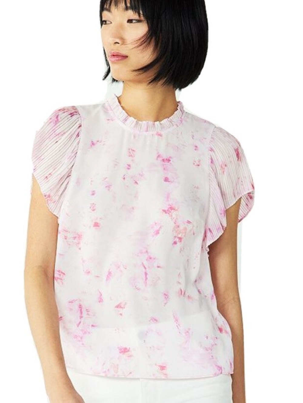 Nine West White and Pink Watercolor Ruffle Sleeve Blouse